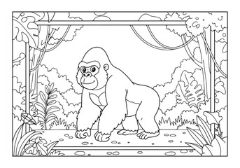Naklejka premium Cute gorilla in jungle coloring page for kids and adults fun act