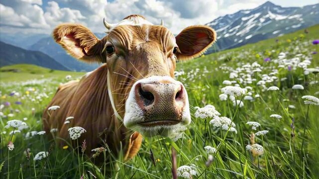 Beautiful cows grazing on green flowering meadow, natural background. Large horned domestic animal, mammal. Cow farm, agriculture