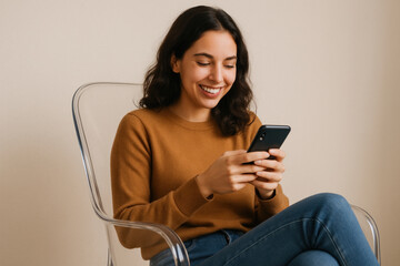 Naklejka premium Woman sitting, looking at phone.