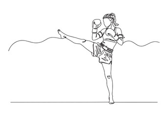 Dynamic Female Muay Thai Fighter in Continuous One Line Art Styl