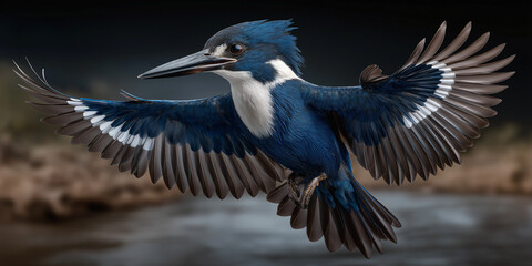 Magnificent Kingfisher in Flight: A striking kingfisher with iridescent blue feathers and a long, pointed beak soars gracefully through the air, a true marvel of nature's design.