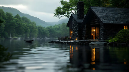Fototapeta premium Pixel Art Cabin By Lakeside At Dusk