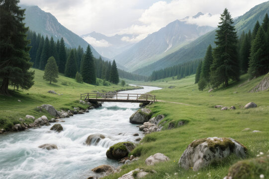 mountain valley covered pine trees log bridge over nature stormy river shed grazing horses concept valle de monta&ntilde;a cubierto de pinos puente troncos sobre naturaleza r&iacute;o tormentoso cobertizo pastoreo