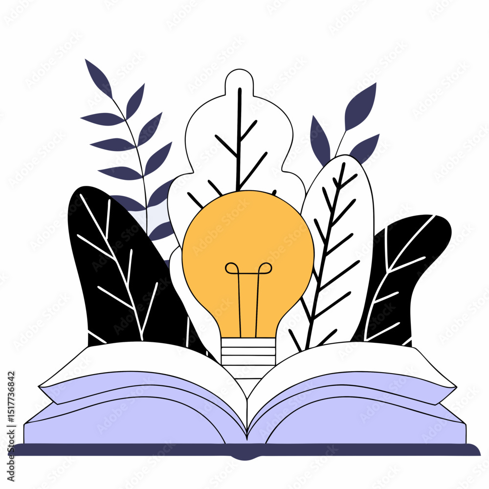 Poster vector vector open book with light bulb and forest elements symbolizes creativity and knowledge