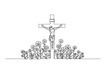 Crucifix with flowers in simple one-line drawing, black and whit