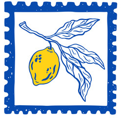 Vintage Lemon branch line postal stamp vector illustration. Hand drawn retro frame or border element design, elegant scenes or Sicilia or Amalfi. Travel postcard stamp, summer engraving