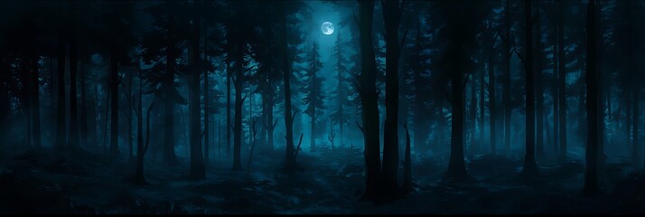 A dark forest at night with tall trees and the moon shining through