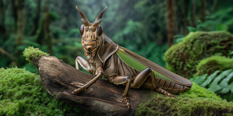 Grasshopper's Regal Perch: A majestic grasshopper, with intricate details, perches regally on a moss-covered branch amidst a lush, verdant rainforest, showcasing the delicate balance of the wild.