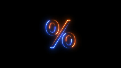 Glowing neon percent icon illustration, on black background.