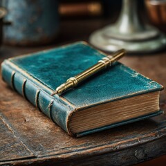 Teal-bound book rests on a wooden table, a brass pen poised beside it