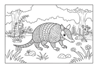 Detailed Armadillo in Nature Scene Coloring Page for Relaxation