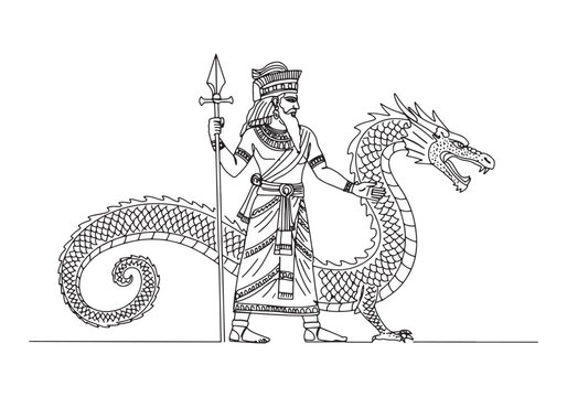 Mesopotamian god Marduk with Mushussu dragon continuous line dra
