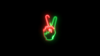 Hand showing two finger icon isolated on dark background. Neon Hand gesture V sign for victory or winner concept background illustration.