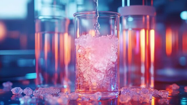 Macro video showing PET plastic flakes dissolving in a bioreactor vial with a plastic-eating enzyme added. Bright neon lab lighting highlights a scientific and futuristic environmental breakthrough.