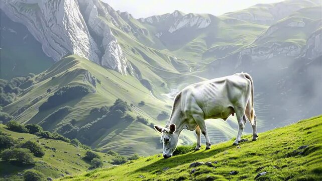 Beautiful cows grazing on green flowering meadow, natural background. Large horned domestic animal, mammal. Cow farm, agriculture