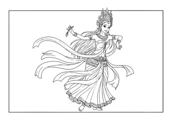Apsara dancer coloring page, A black and white outline illustrat