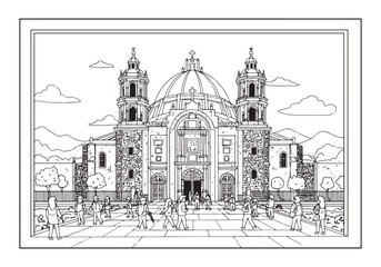 Fototapeta premium Illustrative coloring page showcasing a basilica visit in black