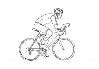 One line drawing illustration of cyclist riding a bicycle in mot