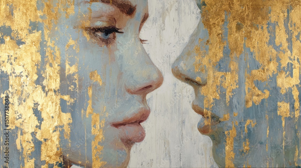 Poster dynamic interplay of faces against an abstract golden background in a serene cosmic space