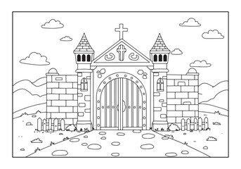 Obraz premium Intricate Castle Gate Coloring Page, A Medieval Fantasy Illustra