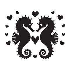 Romantic Seahorses Silhouette with Hearts – Whimsical Underwater Love