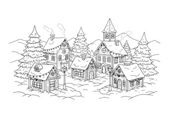 Obraz premium Charming Winter Village Coloring Page, Snow Covered Houses and T
