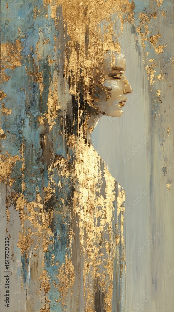 Poster golden abstract figure emerges from an ethereal backdrop in space-like design evoking mystery and in