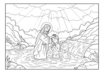 Illustration of Jesus Christ baptizing a young child in a river