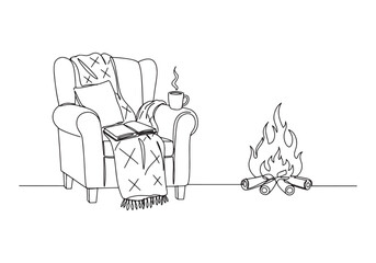 Minimalist one line drawing of a cozy armchair scene with firepl