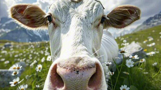 Beautiful cows grazing on green flowering meadow, natural background. Large horned domestic animal, mammal. Cow farm, agriculture