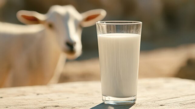 Glass of milk on table with goat background close-up and copy space