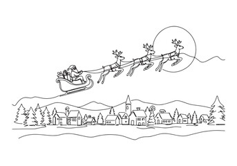 Obraz premium Seamless one line drawing of Santa Claus flying with reindeers o