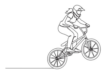 Continuous oneline drawing of a female BMX freestyle rider in ac