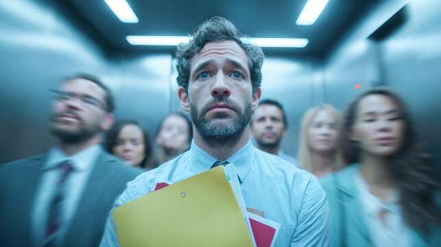 Worried Businessman Standing in an Elevator with Blurred People Around