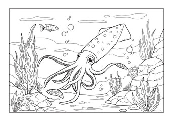 Naklejka premium Detailed squid illustration for coloring book, underwater scene