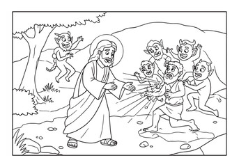 Line Art Depiction of Jesus Casting Out Demons in a Coloring Boo