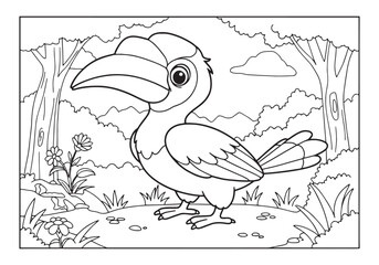 Adorable hornbill in a whimsical coloring book scene illustratio