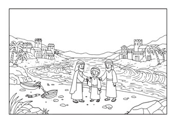 Fototapeta premium Coloring page depicting the shores of Tyre with figures and buil
