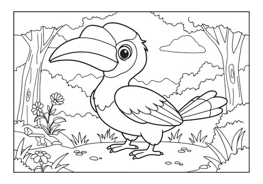 Adorable hornbill in a whimsical coloring book scene illustratio