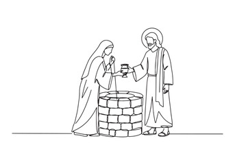 Continuous line drawing of Jesus and the woman at the well shari