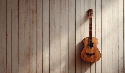 Acoustic Guitar on Wooden Wall with Sunlight
