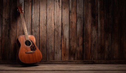 Acoustic Guitar Against Dark Brown Wooden Wall