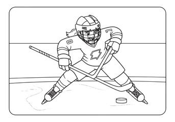 Obraz premium Female Hockey Player Ready to Strike Puck Coloring Page for Kids