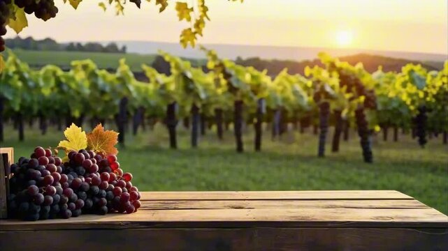 Fresh grapes on wooden table overlooking vineyard rows at sunset. Vineyard landscape highlights grape cultivation, viticulture practices and vineyard production for agriculture and food markets