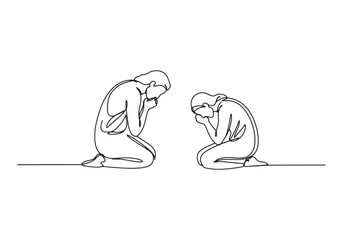 Continuous Line Drawing of Two People Praying with Hope and Fait