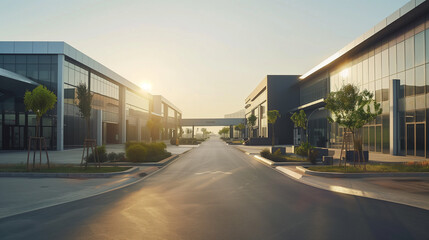 Fototapeta premium Empty road leading to a modern building with clean lines, bathed in soft afternoon light, conveying minimalist serenity. ﻿