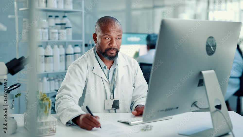 Poster writing, scientist and man with computer, medical research and online for genetic data or biologist.