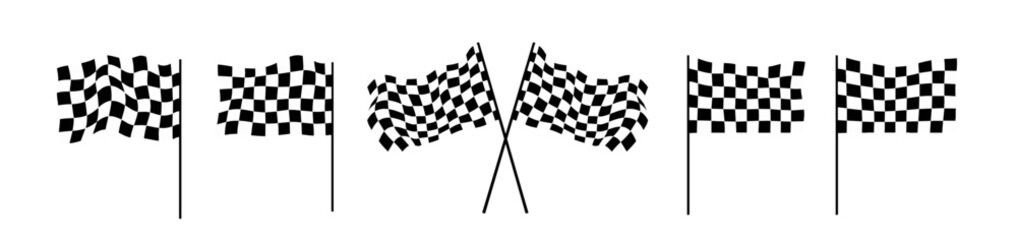 Race flag 3d at finish line with car, banner, and rally design. Speed vector shows checkered wave texture with start and motor icons. Retro road graphic with winner signal on formula track grid.