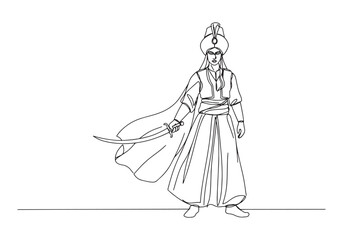 Continuous Line Art, Female Janissary Warrior with Sword Illustr