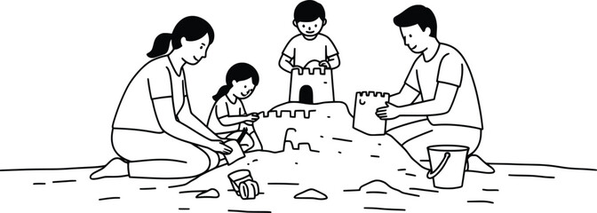 Family Fun Vector Illustration of Building a Sandcastle